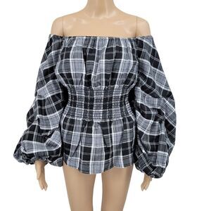 Sugar Lips Black Plaid Off the Shoulder Top Smocked Bodice Statement Sleeves NEW